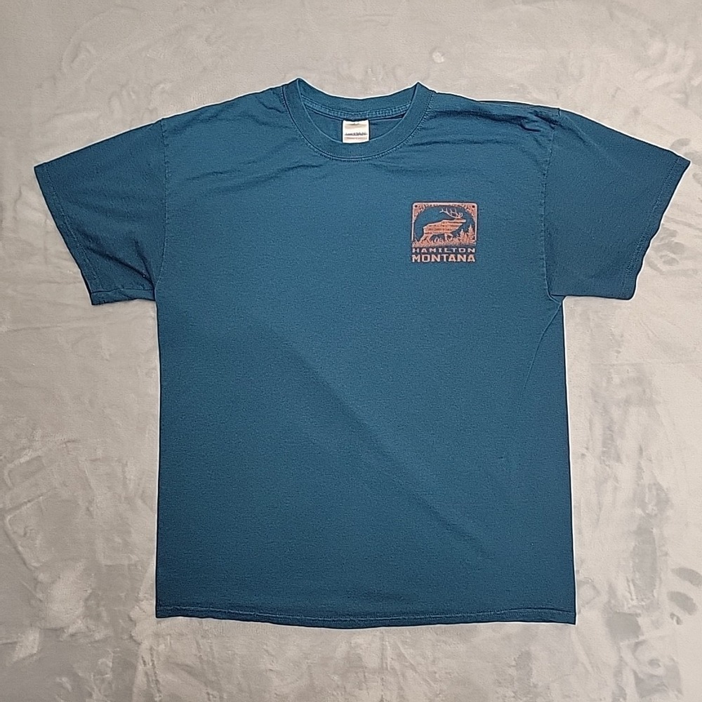 VTG Nature Shirt Men L Teal Elk Country Graphic Bitteroot Valley Hamilton MT TEE